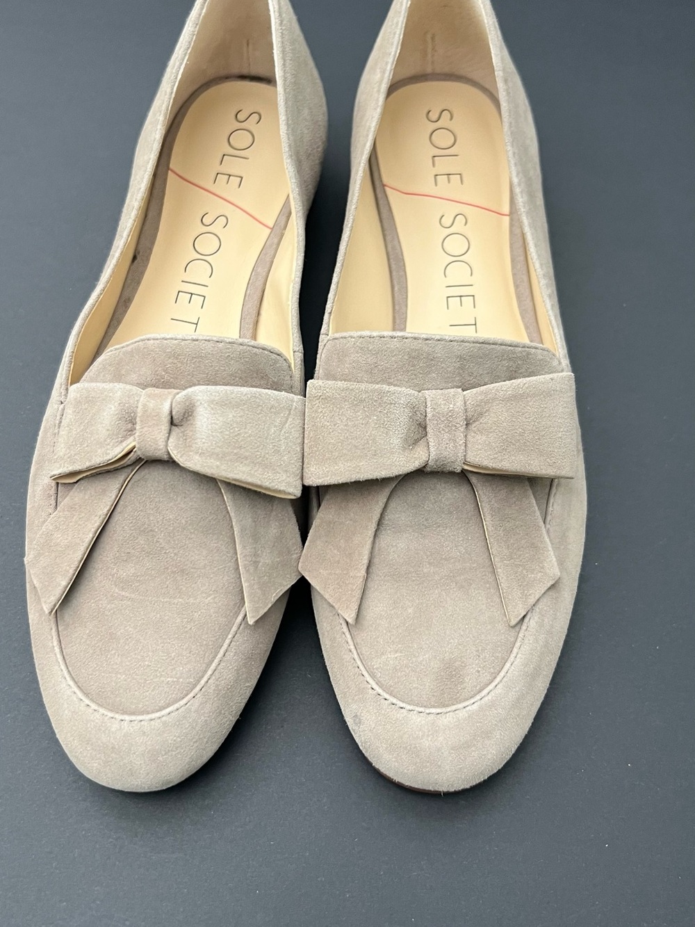 Sole Society Taupe Bow Suede Loafers - Women's Slip-Ons